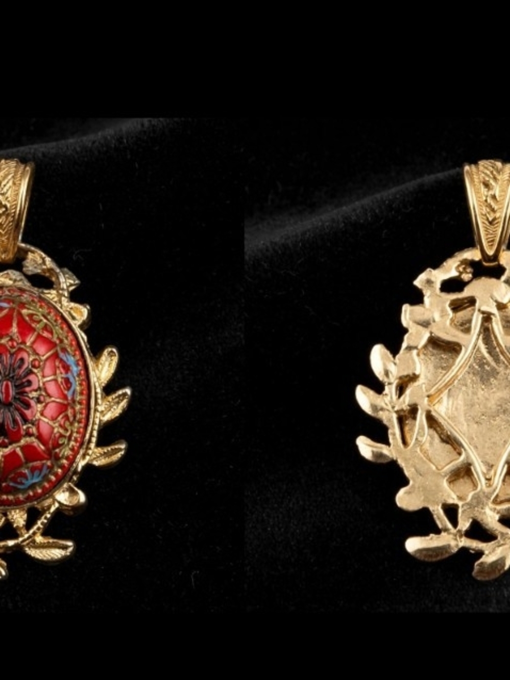 Vintage Gold-Tone & Red Enamel Leafy Pendant